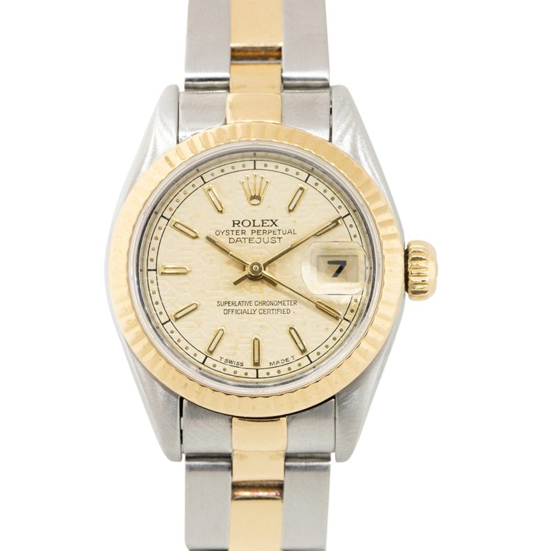 Rolex 69173 Datejust 18k Yellow Gold and Steel "Rolex" Pyramid Dial Ladies Watch