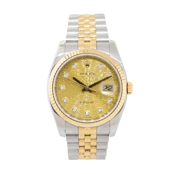 Rolex 116233 Datejust 18k Yellow Gold and Steel Champagne "Rolex" Pyramid Diamond Dial Watch