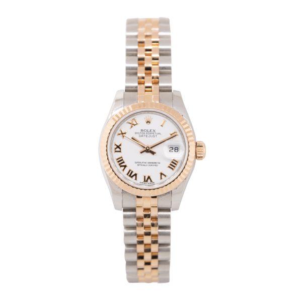 Rolex 179171 Datejust 18k Rose Gold and Steel White Roman Dial Ladies Watch