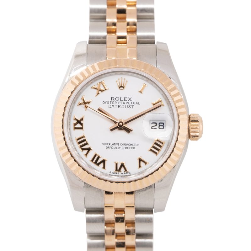 Rolex 179171 Datejust 18k Rose Gold and Steel White Roman Dial Ladies Watch