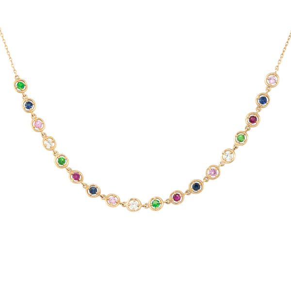14k Rose Gold 0.15ctw Diamond and Multi-Colored Round Stone Necklace