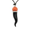 18k White Gold 0.36ctw Diamond, Coral, and Ebony Italian Horn Pendant Necklace