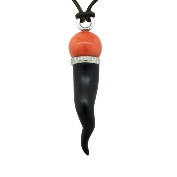 18k White Gold 0.36ctw Diamond, Coral, and Ebony Italian Horn Pendant Necklace