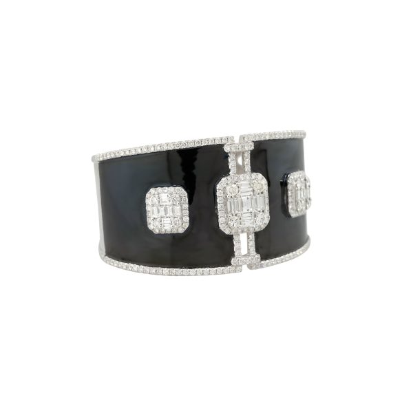 18k White Gold 7.03ctw Diamond Mosaic and Black Enamel Wide Cuff Bracelet