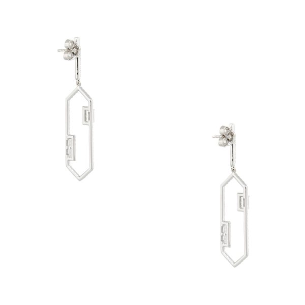 14k White Gold 1.49ctw Emerald Cut Diamond Drop Oblong Earrings