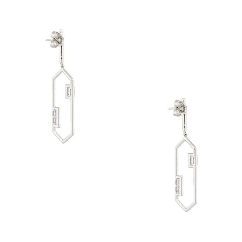 14k White Gold 1.49ctw Emerald Cut Diamond Drop Oblong Earrings