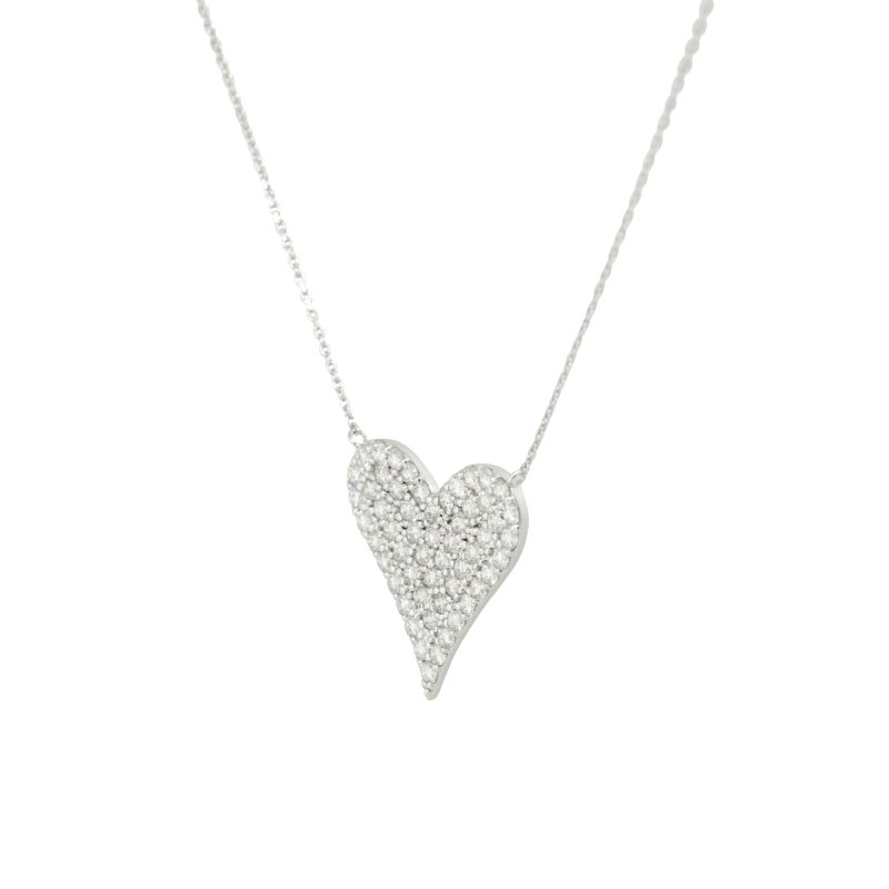 14k White Gold 1.35ctw Pave Diamond Heart Necklace