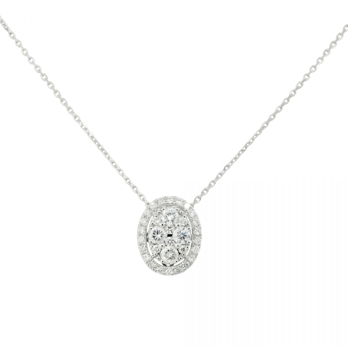 18k White Gold 0.85ctw Pave Diamond Oval Shaped Pendant Necklace