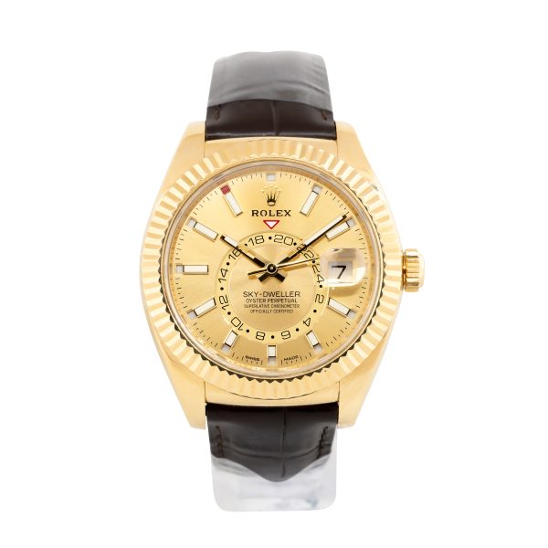 Rolex 326138 Sky-Dweller 18K Yellow Gold Watch on Brown Leather