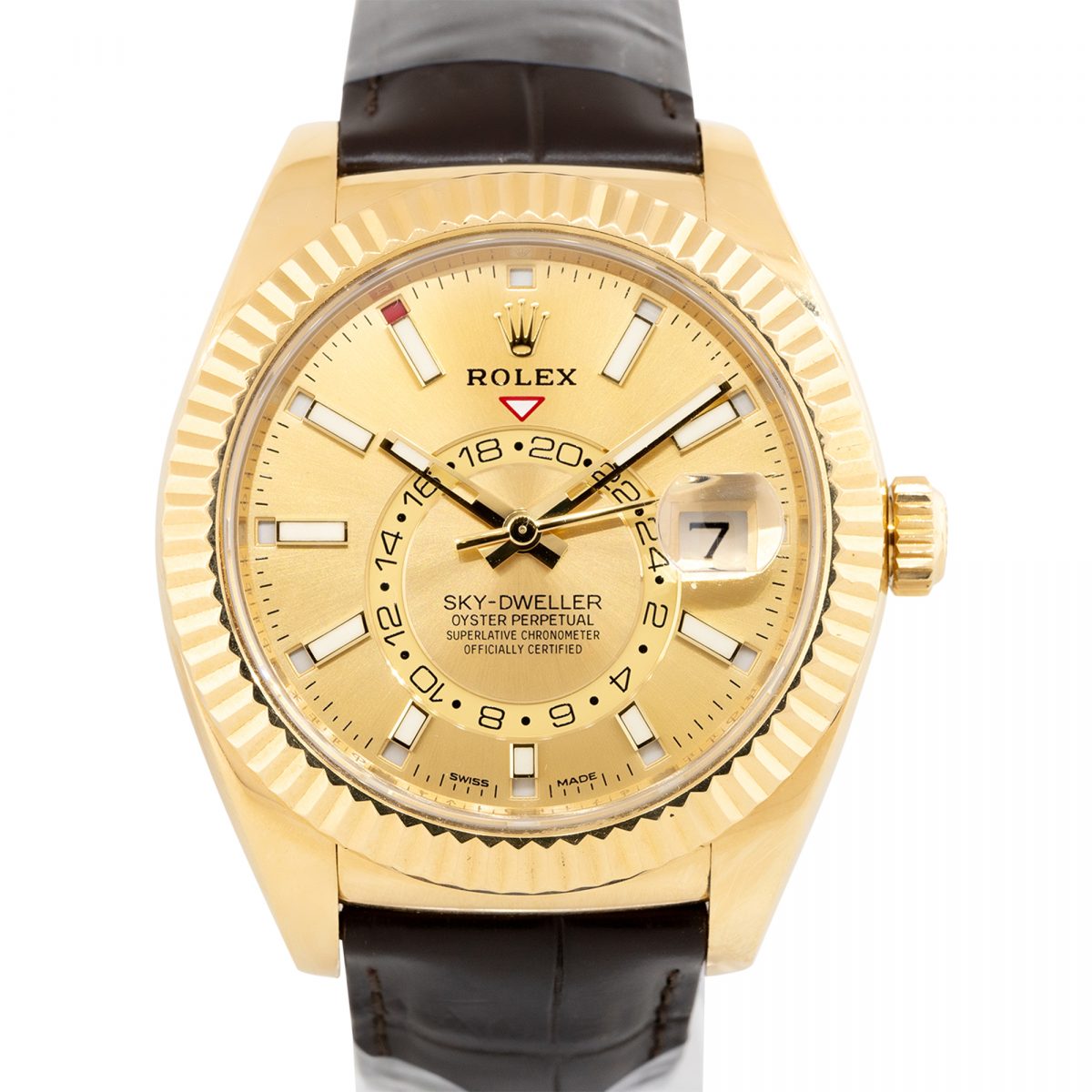 Rolex 326138 Sky-Dweller 18K Yellow Gold Watch on Brown Leather