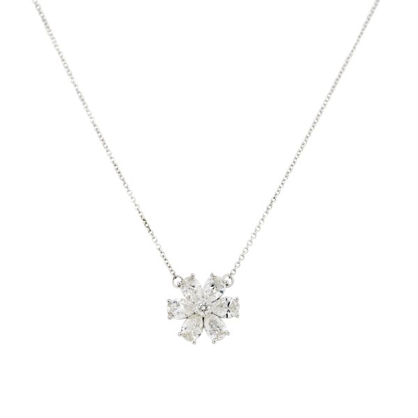 18k White Gold 3.01ctw Pear Shaped Diamond Flower Necklace