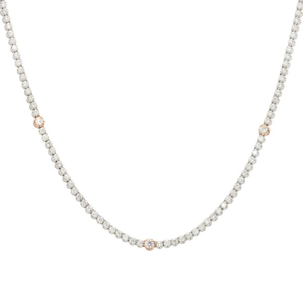 14k White Gold 3.69ctw Diamond Tennis Necklace with Rose Gold Diamond Stations