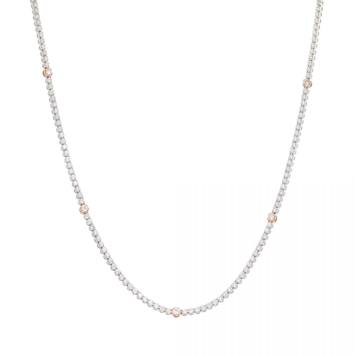 14k White Gold 3.69ctw Diamond Tennis Necklace with Rose Gold Diamond Stations