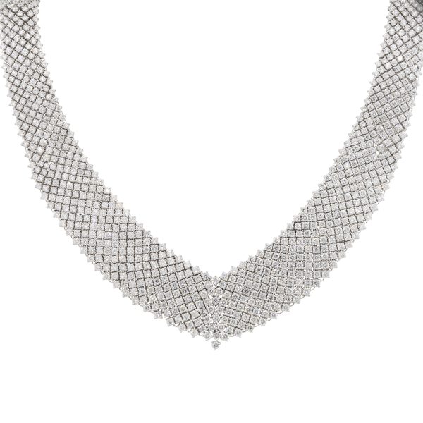 18k White Gold 36.24ctw Pave Diamond "V" Necklace