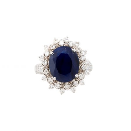 18k White Gold 7.5ctw Sapphire 1.25ctw Diamond Side Stone Halo Ring