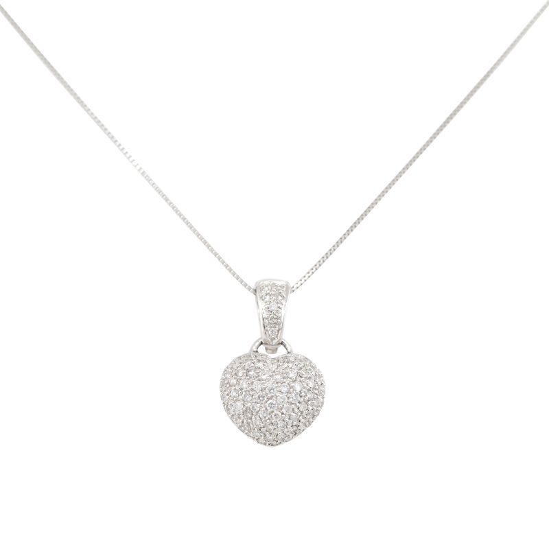 18k White Gold 1.15ctw Mini Pave Diamond Puffed Heart Necklace