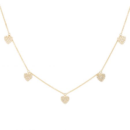 14k Yellow Gold 0.49ctw Pave Diamond Heart 5 Station Necklace