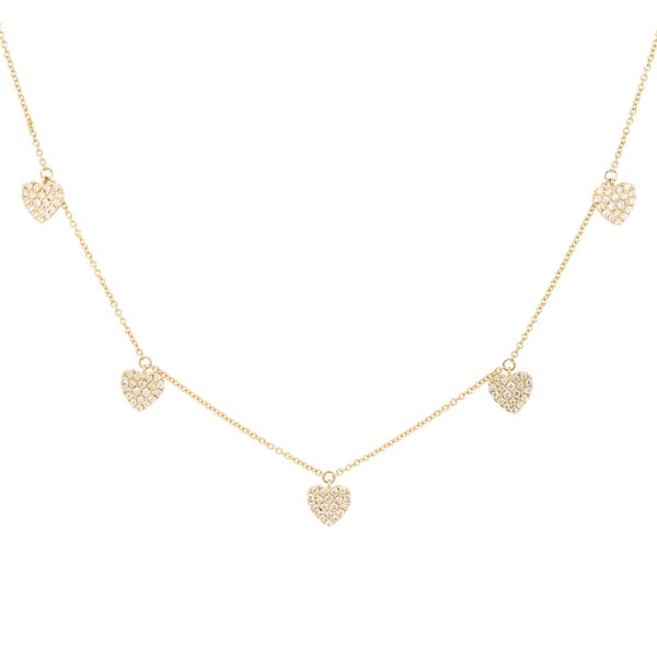 14k Yellow Gold 0.49ctw Pave Diamond Heart 5 Station Necklace