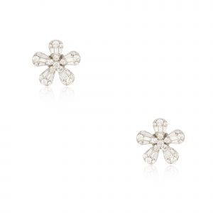 18k White Gold 1.57ctw Round Brilliant & Baguette Cut Diamond Flower Earrings
