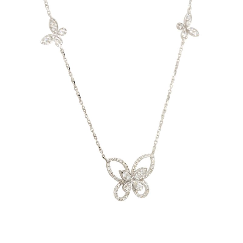 18k White Gold 0.86ctw Diamond Butterfly Necklace with 4 Butterfly Stations 