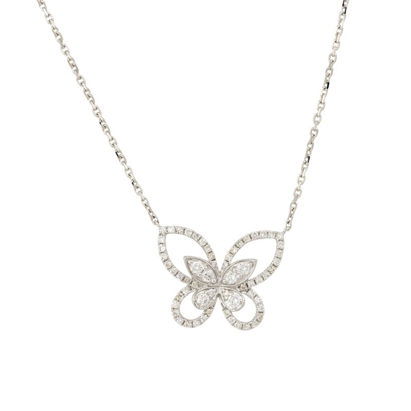 18k White Gold 0.86ctw Diamond Butterfly Necklace with 4 Butterfly Stations 