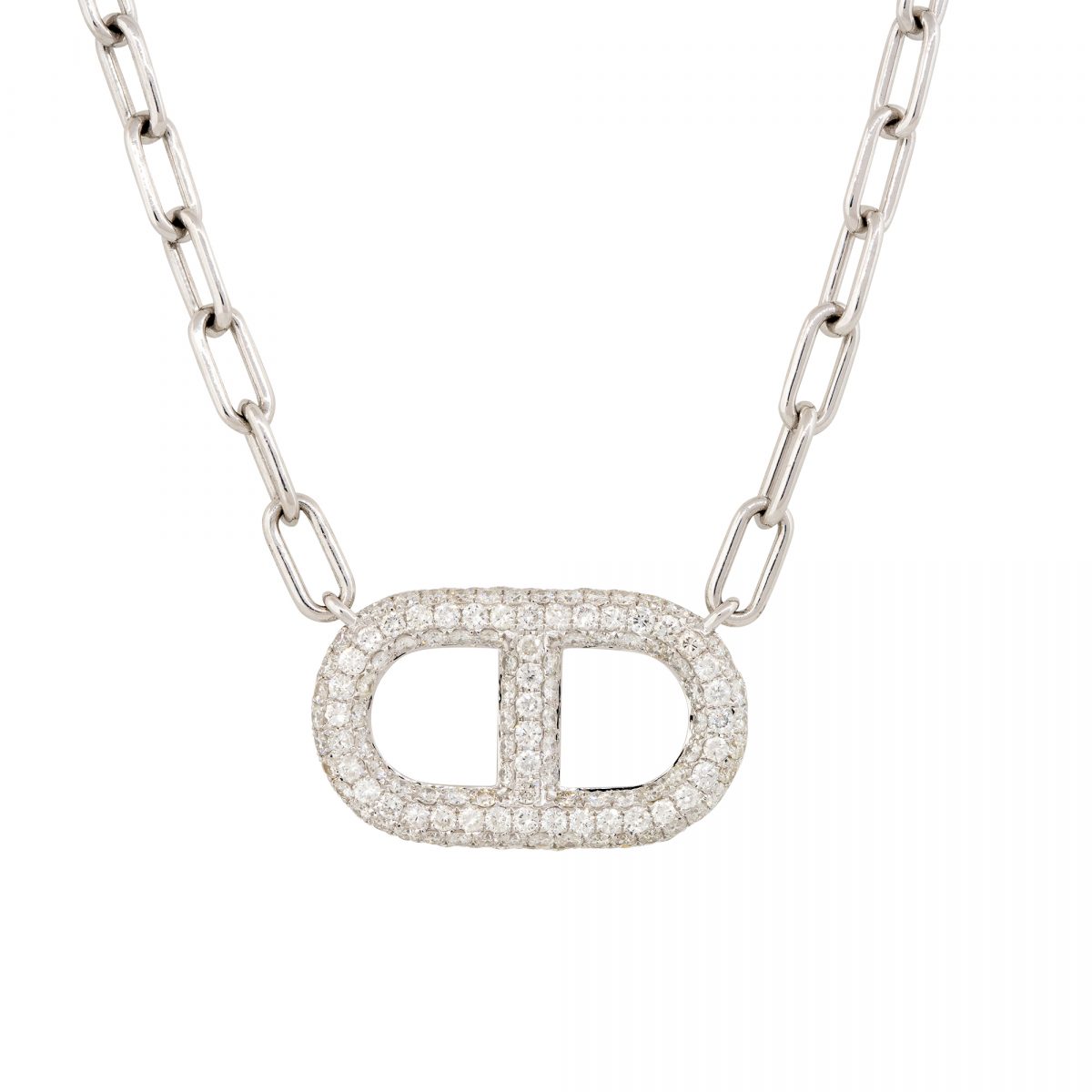 18k White Gold 3.0ctw Pave Diamond Mariner Link Pendant Necklace