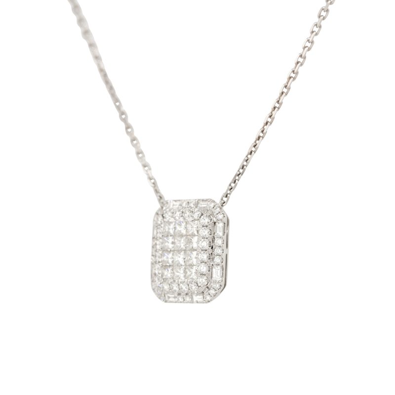 18k White Gold 2.43ctw Pave Diamond Rectangular Shape Necklace