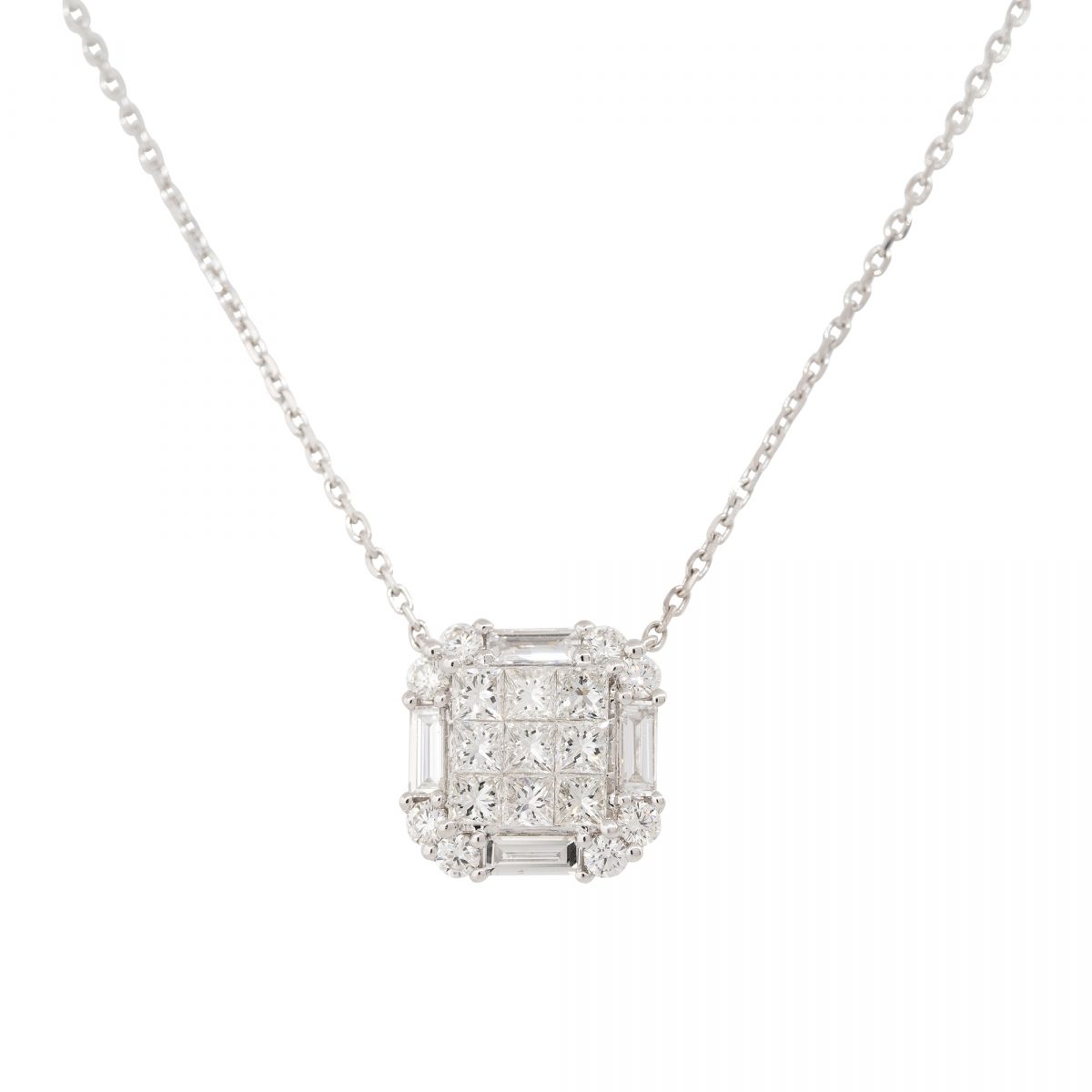 18k White Gold 1.87ctw Princess Cut Diamond Pendant Necklace