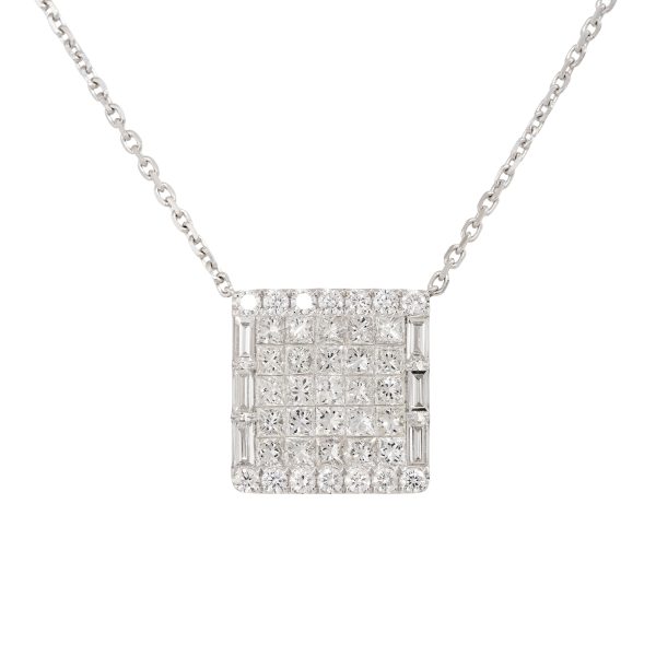 18k White Gold 4ctw Pave Diamond Rectangular Shape Pendant Necklace