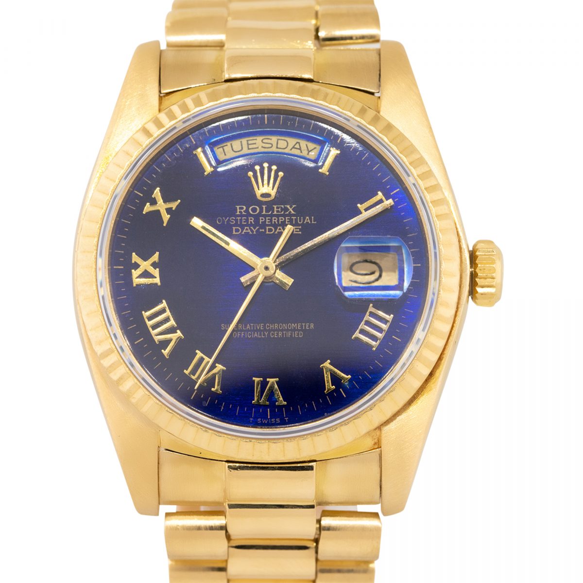 Rolex 18038 Day-Date 18k Yellow Gold Roman Dial Fluted Bezel President Watch