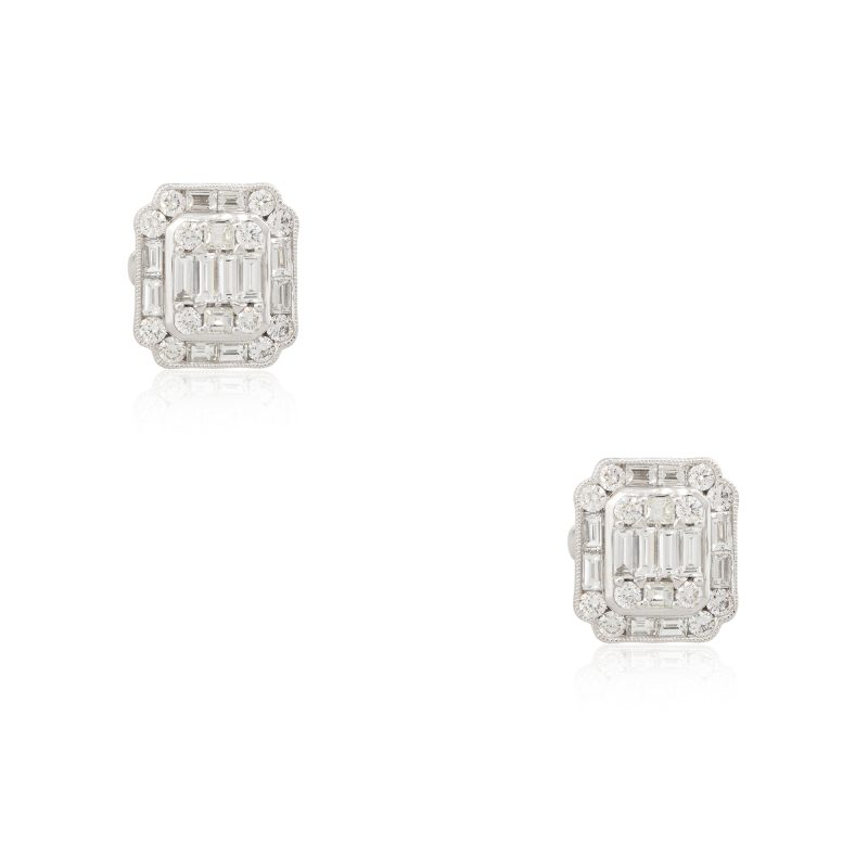 18k White Gold 2.98ctw Mosaic Diamond Square Shaped Earrings
