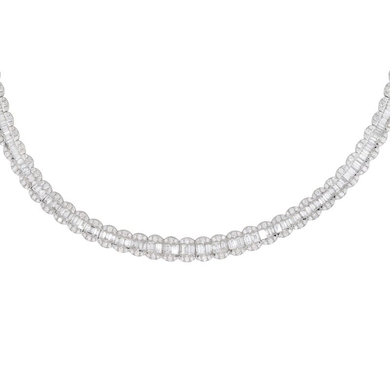 18k White Gold 14.69ctw Baguette & Round Brilliant Cut Diamond Scalloped Tennis Necklace