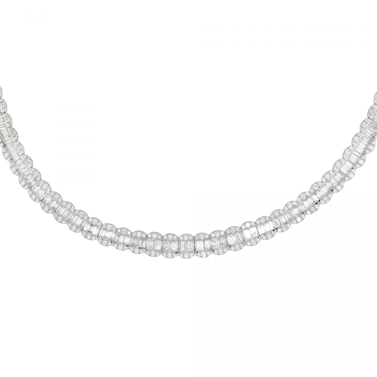 18k White Gold 14.69ctw Baguette & Round Brilliant Cut Diamond Scalloped Tennis Necklace