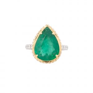 18k Two-Tone Gold 5.76ct Emerald & 0.68ct Diamond Halo Ring