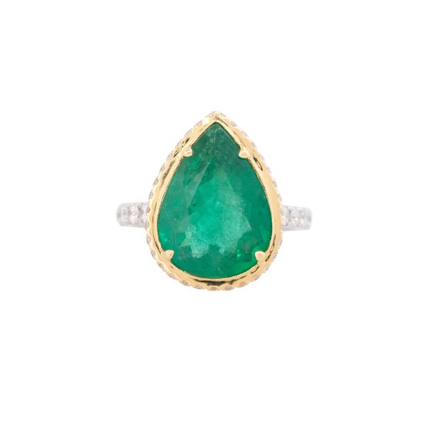 18k Two-Tone Gold 5.76ct Emerald & 0.68ct Diamond Halo Ring
