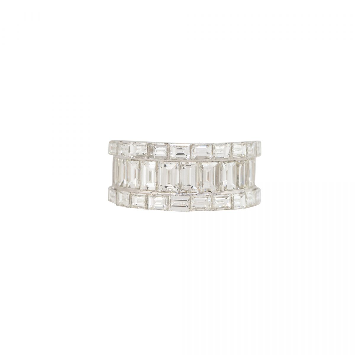 18k White Gold 4.33ctw Baguette Cut Diamond 3-Row Wide Ring