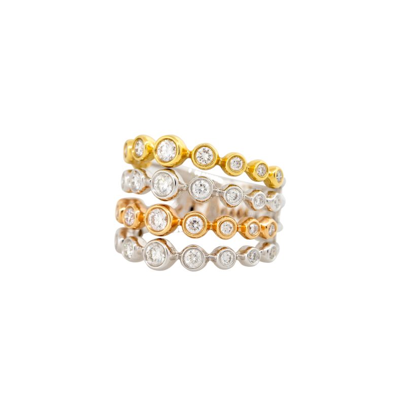 18k Tri-Color Gold 1.03ctw Diamond 4-Row Bezel Set Ring