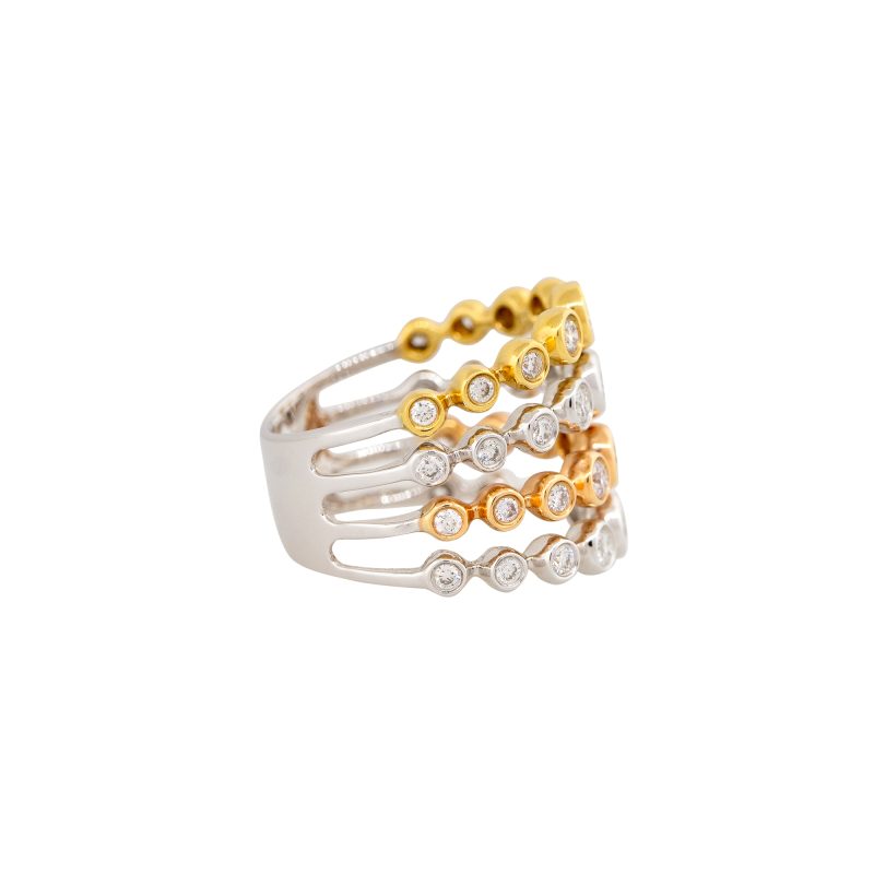 18k Tri-Color Gold 1.03ctw Diamond 4-Row Bezel Set Ring