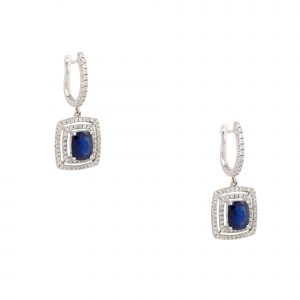 18k White Gold 3.13ct Sapphire & 0.69ct Diamond Double Halo Drop Earrings