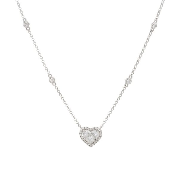 18k White Gold 0.87ctw Diamond Heart and Diamond Station Necklace