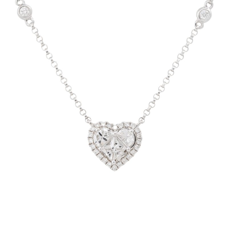 18k White Gold 0.87ctw Diamond Heart and Diamond Station Necklace