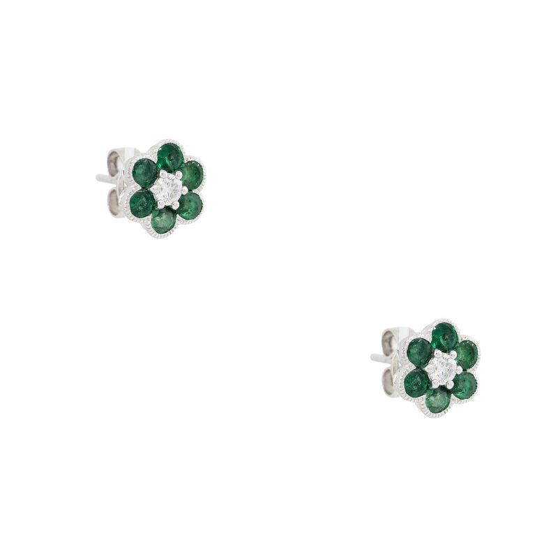 18k White Gold 1.49ct Emerald & Diamond Flower Earrings