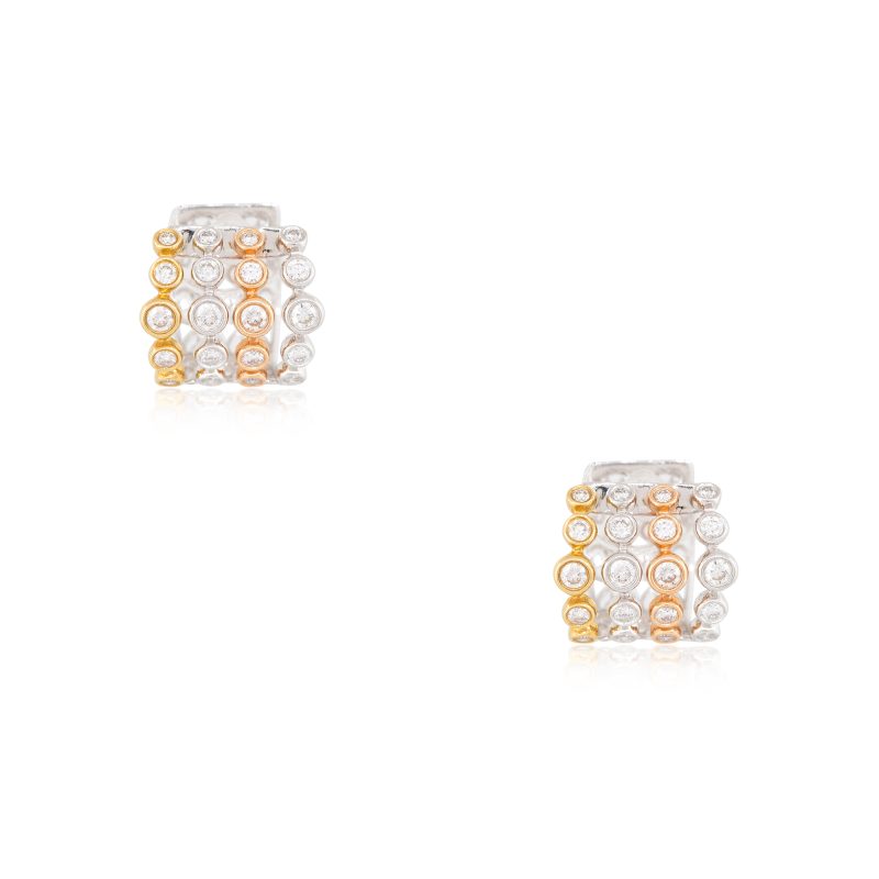 18k Tri-Color Gold 1.98ctw Diamond 5-Row Bezel Set Hoop Earrings