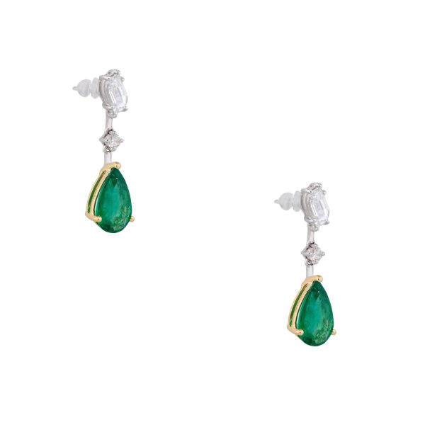 18k White/Yellow Gold 3.07ct Emerald & 0.96ct Diamond Drop Earrings