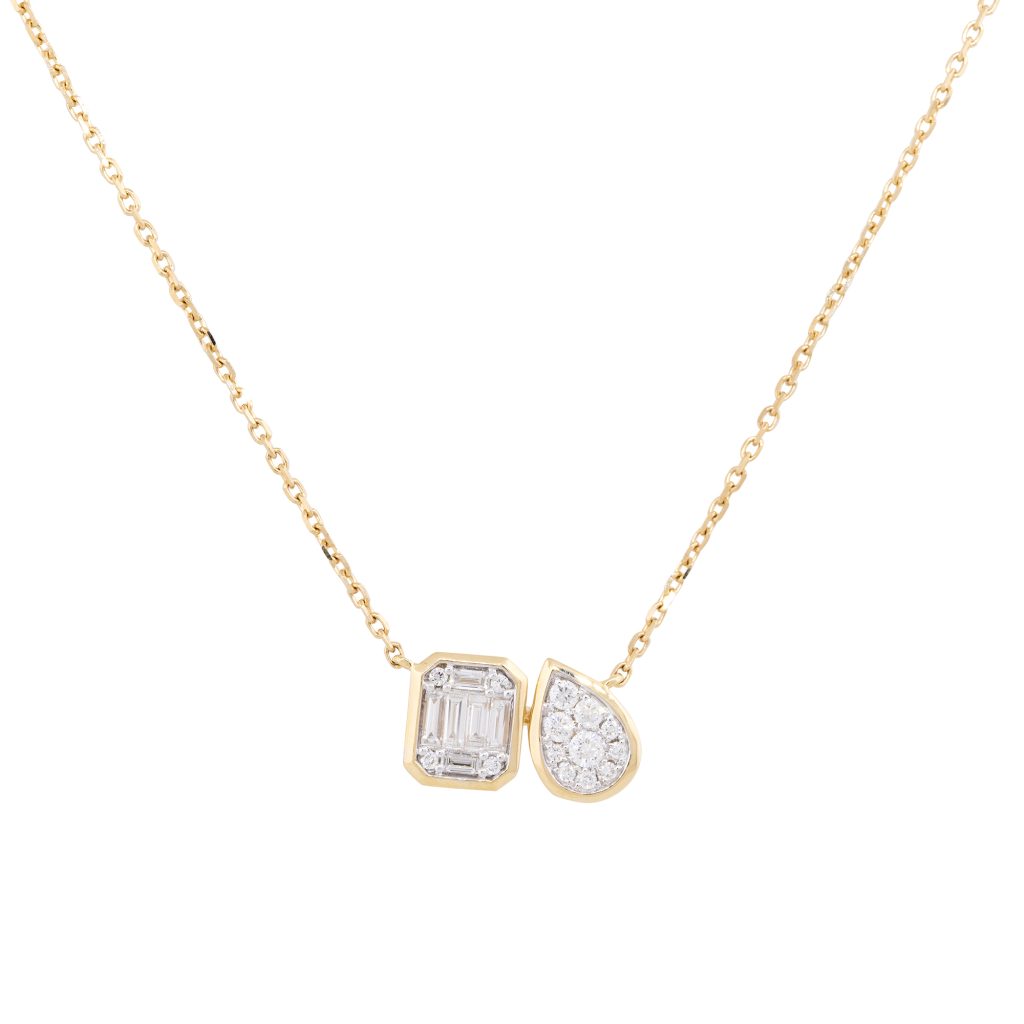 18k Yellow Gold 0.38ctw Mosaic Diamond Square & Cluster Diamond Pear Necklace
