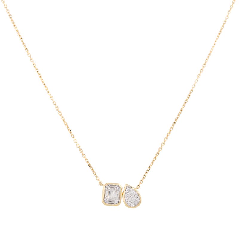 18k Yellow Gold 0.38ctw Mosaic Diamond Square & Cluster Diamond Pear Necklace