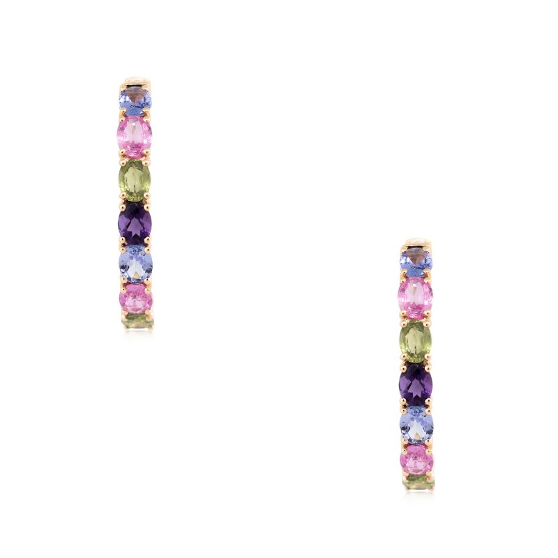 18k Rose Gold 5.38ctw Multi-Colored Gemstone Hoop Earrings