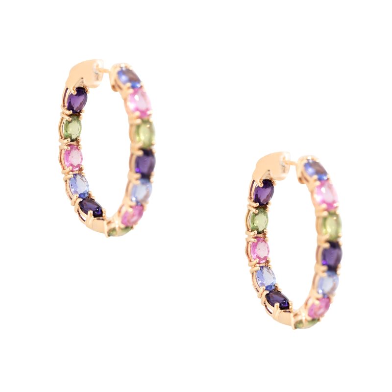 18k Rose Gold 5.38ctw Multi-Colored Gemstone Hoop Earrings