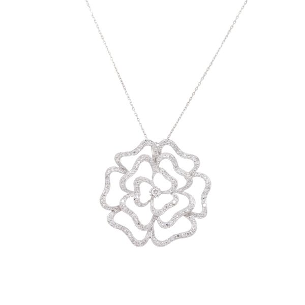 18k White Gold 1.25ctw Pave Diamond Rose Shaped Necklace