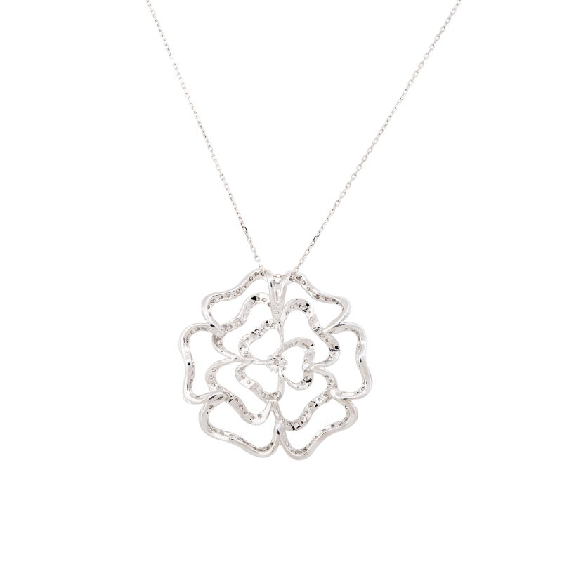 18k White Gold 1.25ctw Pave Diamond Rose Shaped Necklace